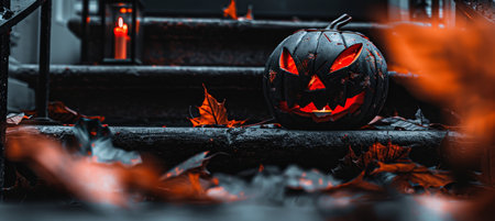 Menacing jack o lantern on porch step  spooky atmosphere with flickering candle and shadowy leavesの素材