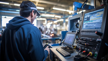 Hand precisely using cnc machine control panel for accurate and detailed data inputの素材