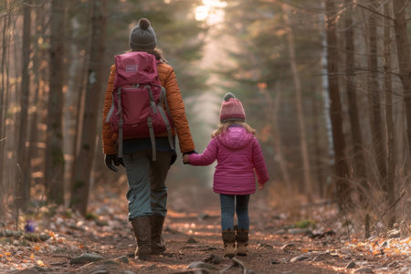 Serene scene  mother and daughter hiking in forest with gentle sunlight filtering through treesの素材