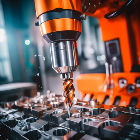 Sharp cnc drill bit in focus amid intricate workings of the machine for precise operationsの素材