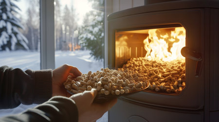 Individual filling wood pellet stove with pellets against sunlit window backdropの素材