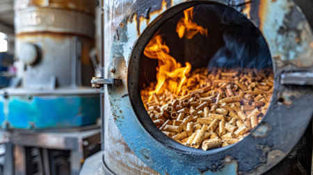 Wood pellet stove with clear window showcasing burning pellets for ambiance and warmthの素材