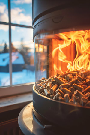 Wood pellet stove with transparent window showing burning pellets for efficient heatingの素材