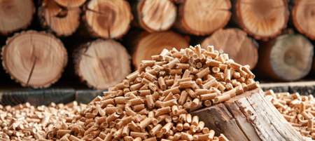 Tree trunk close up with wood pellet in foreground  symbolizing transformation from tree to pelletの素材