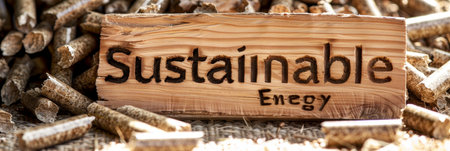 Wooden sign for sustainable energy in pile of wood pellets, promoting eco friendly practicesの素材