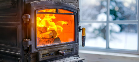Wood pellet stove showcasing burning pellets visible through window for enhanced search resultsの素材