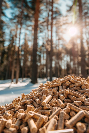 Wood pellet production s impact  deforestation scene with pile of pellets in forestの素材