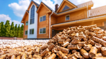 Detailed close up of a bag of wood pellets with a house silhouette in the backgroundの素材