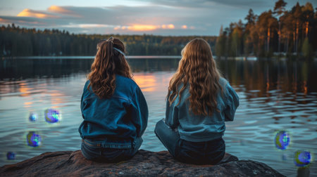 Minimalist scene of mother and daughter watching sunset on lakeside rock, creating a warm glowの素材