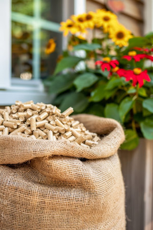 Close up of wood pellet bag with house in the background, showing eco friendly heating optionの素材