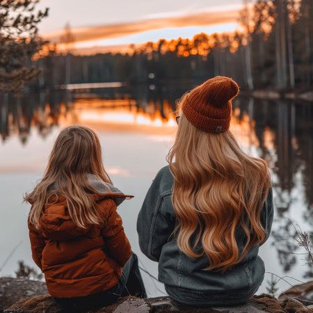 Tranquil sunset  minimalist scene of mother and daughter by lake, bathed in soft warm lightの素材