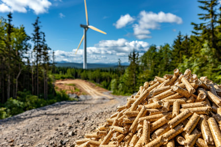 Pile of wood pellets arranged next to a wind turbine for sustainable energy generationの素材