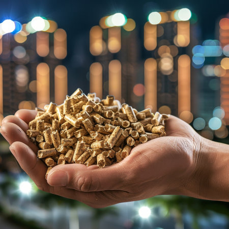 Hand holding eco friendly wood pellet with urban skyline, symbolizing pollution reductionの素材