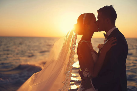 Passionate couple sharing a romantic kiss on a sailboat while enjoying a scenic sail at seaの素材