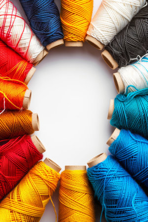 Colorful yarn rolls grid  minimalist composition on white background with negative spaceの素材