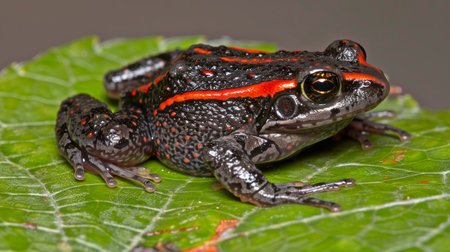 Red-striped Poison Frog, Beautiful Black and Red Frog on a Leaf, Wildlife Photographyの素材