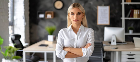 Confident businesswoman in white shirt standing with arms crossed in modern office environmentの素材