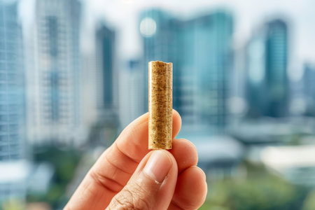 Hand holding wood pellet against city skyline illustrating significant pollution reductionの素材