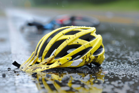 Close up of bicycle helmet on city street after accident involving car and bicycleの素材