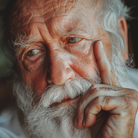 Close-up Portrait of a Contemplative Senior Man with White Hair and Beard, Lost in Thought.の素材