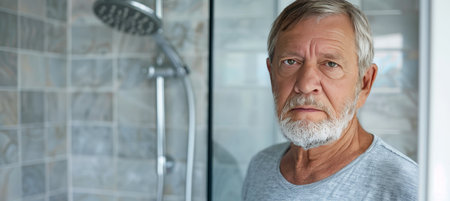 Portrait Of A Serious Older Caucasian Man In Front Of A Shower. He Is Wearing A Grey Shirt.の素材