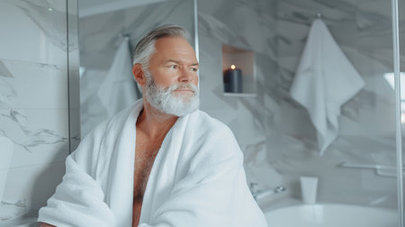 Relaxed Senior Man In Bathrobe, Enjoying The Tranquility Of His Modern And Spacious Bathroomの素材