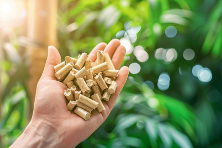 Hand holding wood pellets with lush green trees in the background, close up viewの素材
