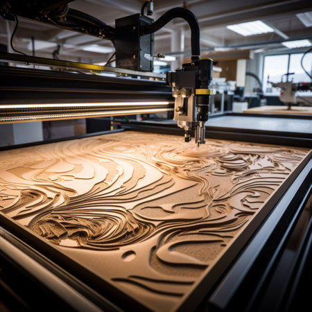 Cnc machine revealing intricate wood grain patterns with precision craftsmanshipの素材