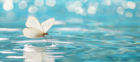White Butterfly on Blue Water Surface with Sparkling Bokeh, Concept of Serenity and Tranquilityの素材