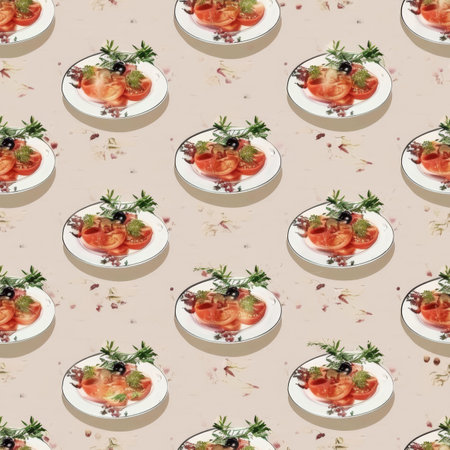 Seamless Pattern of Plates with Delicious Tomato Salad, Herbs, and Peppercorns on Beige Backdropの素材