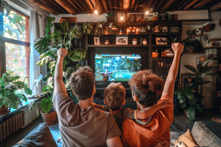 Family victory celebration  parents and teenage son cheer soccer goal in living roomの素材