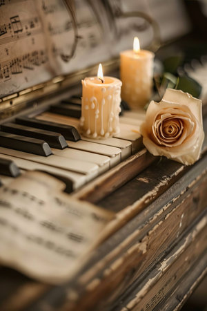 Vintage Piano Keys with Two Lit Candles and a Peach Rose Creating a Romantic Still Lifeの素材