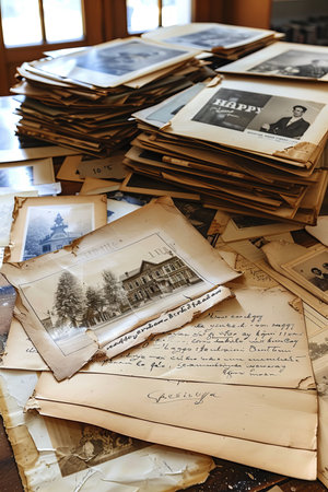 Vintage memories Old photographs and letters scattered on a table, evoking nostalgia  history.の素材