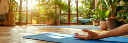 Tranquil scene  open hand resting on yoga mat, softly illuminated for serene ambianceの素材