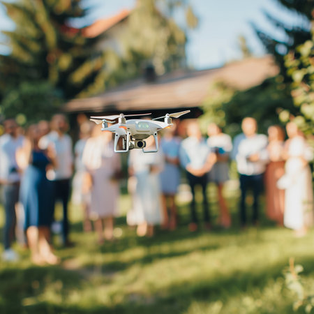 Futuristic drone overseeing crowd  symbol of innovation and advanced technology at outdoor eventの素材