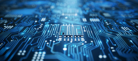 Minimalist circuit board illuminated  symbolizing connectivity in contemporary business gatheringsの素材