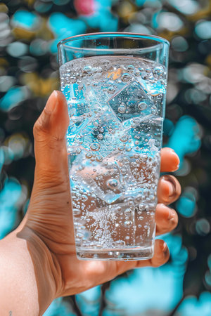 Hand holding glass with water droplets against natural backdrop, showcasing condensationの素材