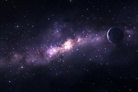 Planet in Deep Space with Milky Way Galaxy. Colorful Spacecraft Launch into Space. Starry Night Sky.の素材