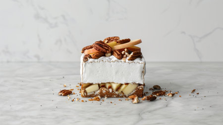 Cheese block with apple slices and nut topping, creating a delightful and flavorful combinationの素材