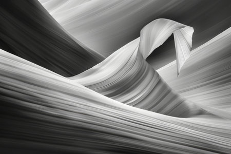 Black And White Abstract Patterns of Light And Shadow Form a Wavy Line on Sandstone Wall in Canyonの素材