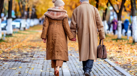 Senior Couple Holds Hands, Enjoying Autumn Walk on Path. Backyard, Brown Beige Colorsの素材