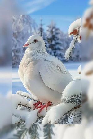 Minimalist christmas wreath with evergreen and white dove against serene blue skyの素材