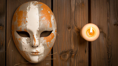 Vintage halloween mask on weathered door with candlelight shadows creating eerie room ambianceの素材