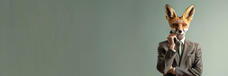 Sly Businessman Fox in Suit Talking on Phone, Isolated on Green Background with Copy Spaceの素材