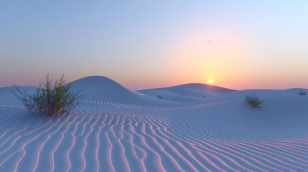 Minimalist desert landscape with sand dunes, serene sunset sky, and sparse vegetation at duskの素材