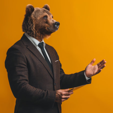 Bear Headed Businessman in Suit Holding a Digital Tablet Gesturing on Yellow Backgroundの素材