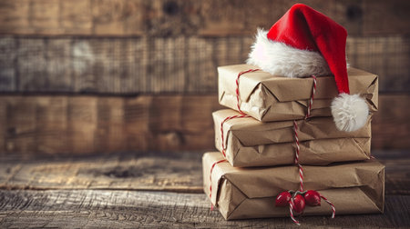 Rustic wall display  festive gifts with santa hat, cozy lighting   minimalist holiday decorの素材