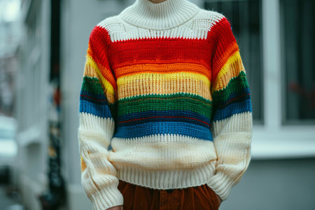 Handcrafted rainbow knit sweater with vibrant colorful stripes for a unique homemade lookの素材