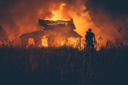 Brave firefighter heroically rescuing child from a blazing house in daring rescue missionの素材