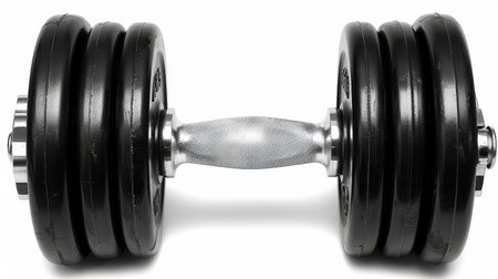 Detailed close up of shiny dumbbell with weight plates neatly stacked for fitness enthusiastsの素材